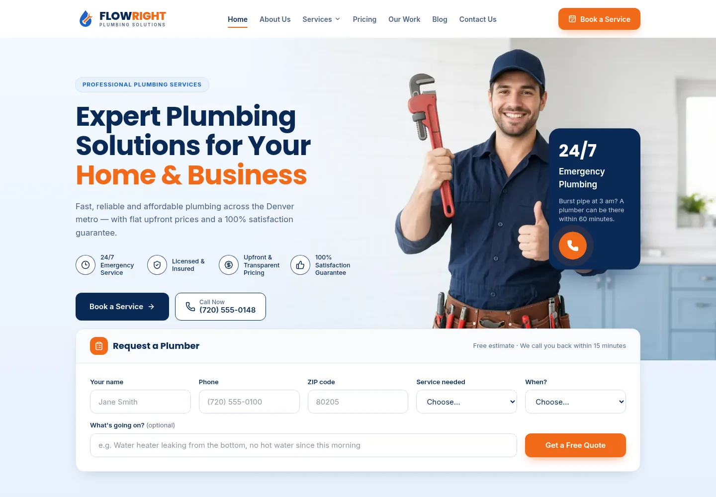 Flowright Plumbing concept website homepage