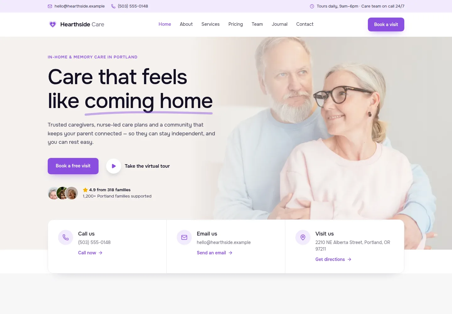 Hearthside Care concept website homepage