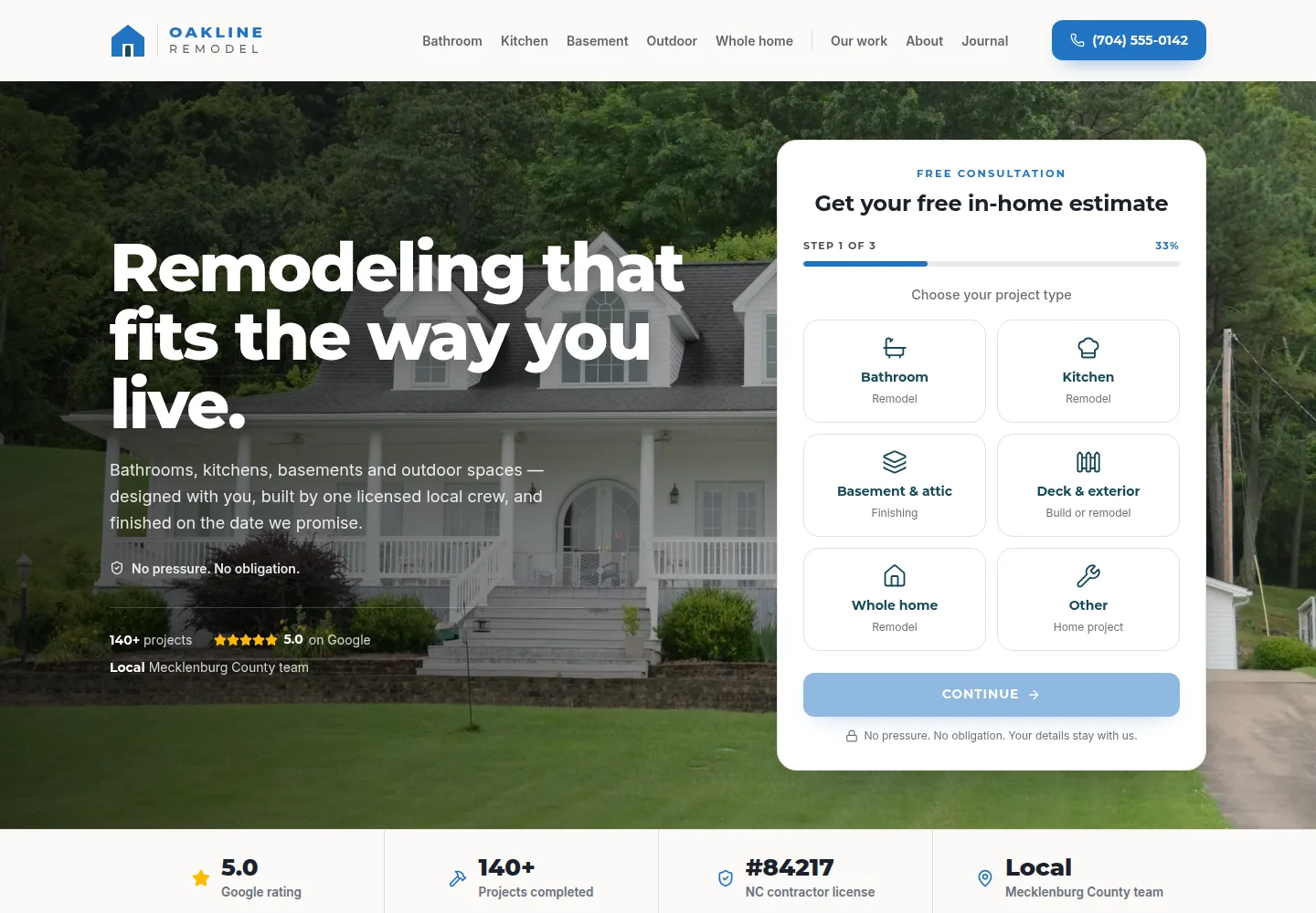 Oakline Remodel concept website homepage