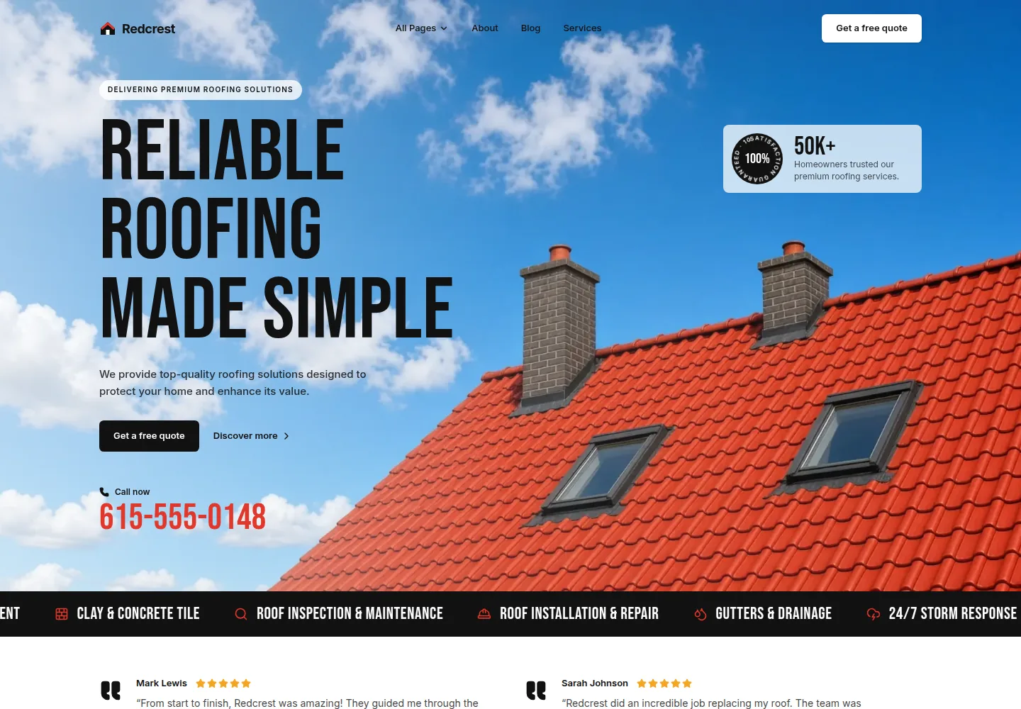 Redcrest Roofing concept website homepage