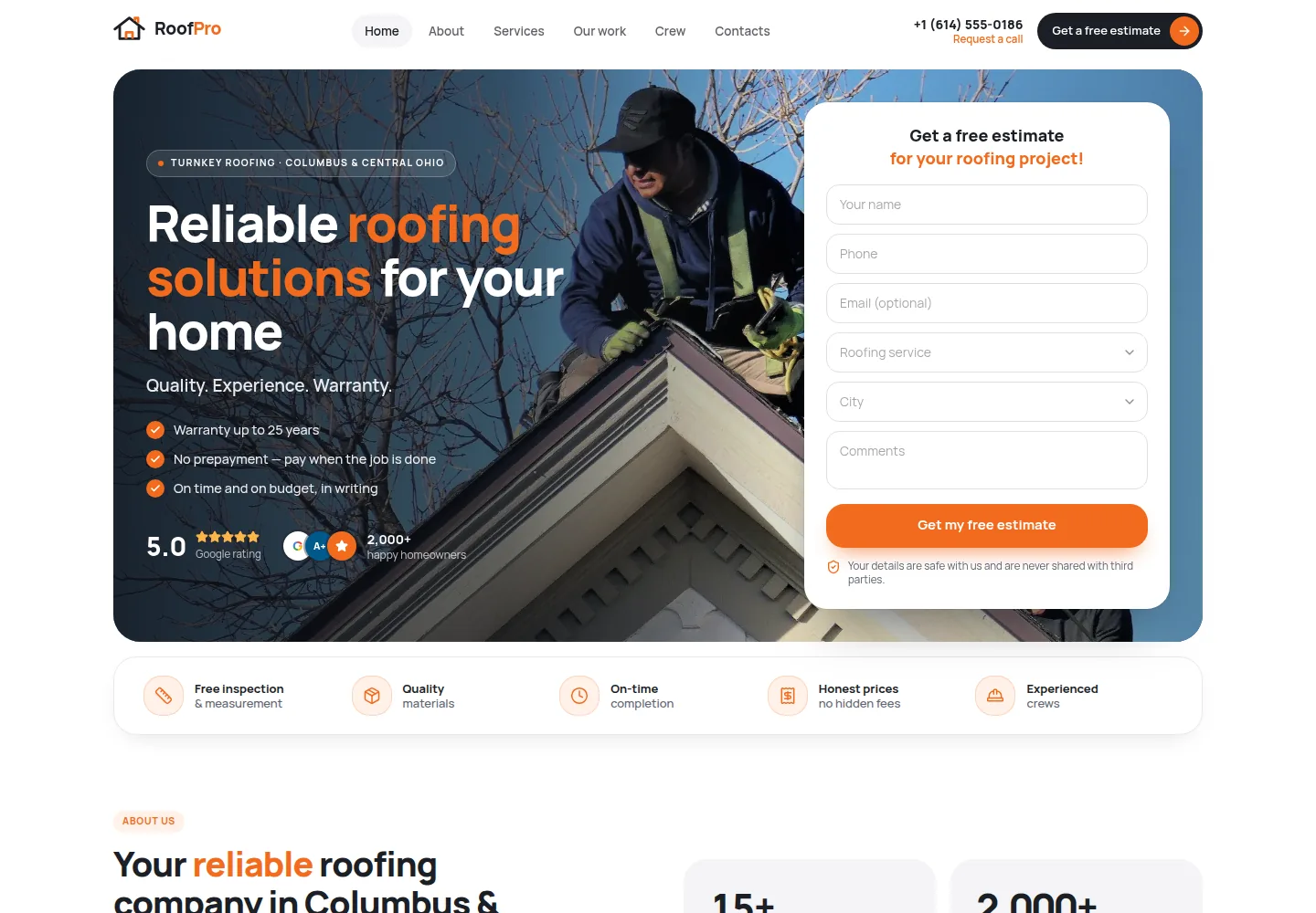 RoofPro Columbus concept website homepage