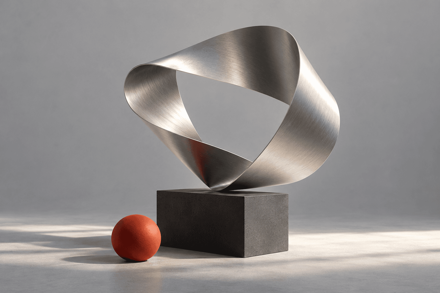 Abstract silver ribbon sculpture and a vermilion sphere on a grey studio background